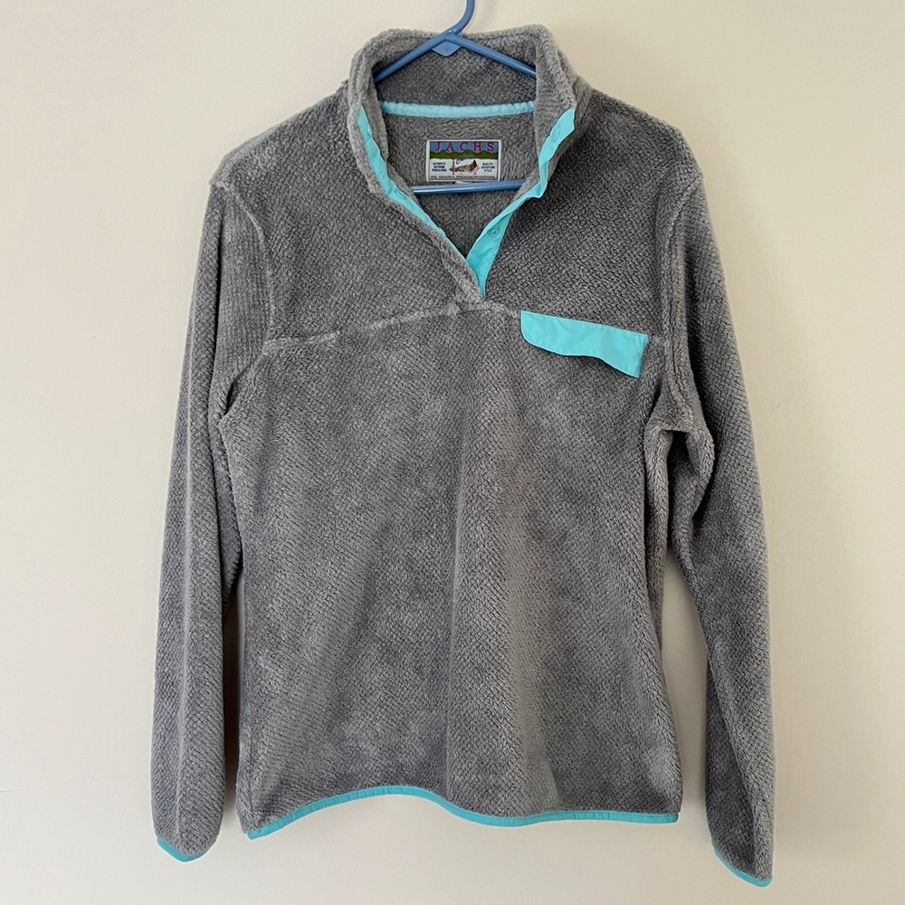 Jachs Cabin | Sherpa Fleece Snap Pocket Pullover Jacket | Grey/Turquoise | Small